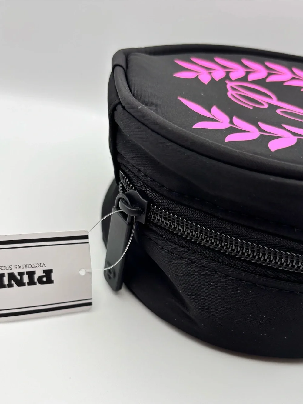 PINK Victoria's Secret Black Cosmetic Pouch with Bright Pink Laurel Monogram